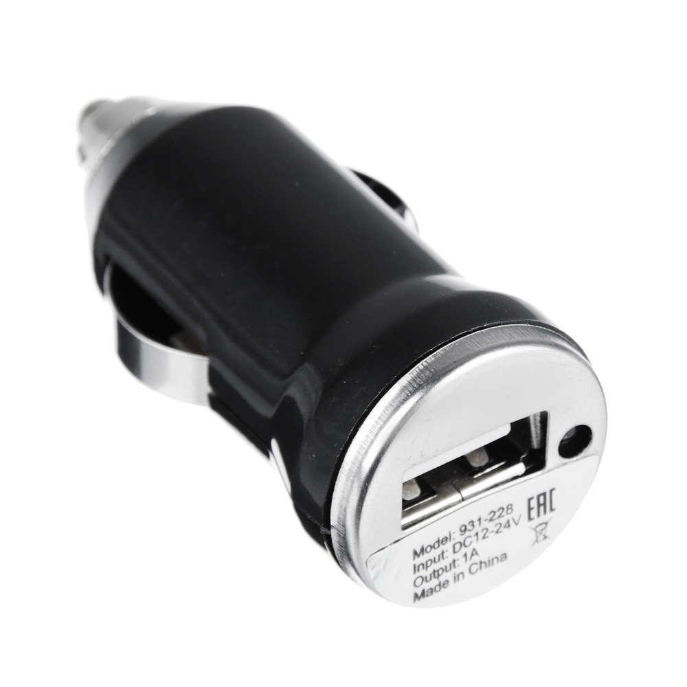 Зарядное устройство USB для прикуривателя, 5V-1A, 12-24v, пластик, металл, арт.№ 931-228