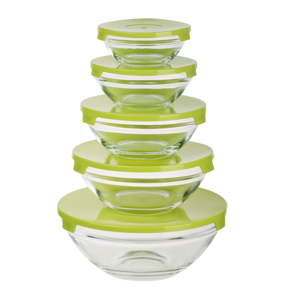 MILLIMI Набор салатников с крышкой 5 шт: 900/ 500/350/200/130 мл, стекло, пластик, оливковый, арт.№ 878-608