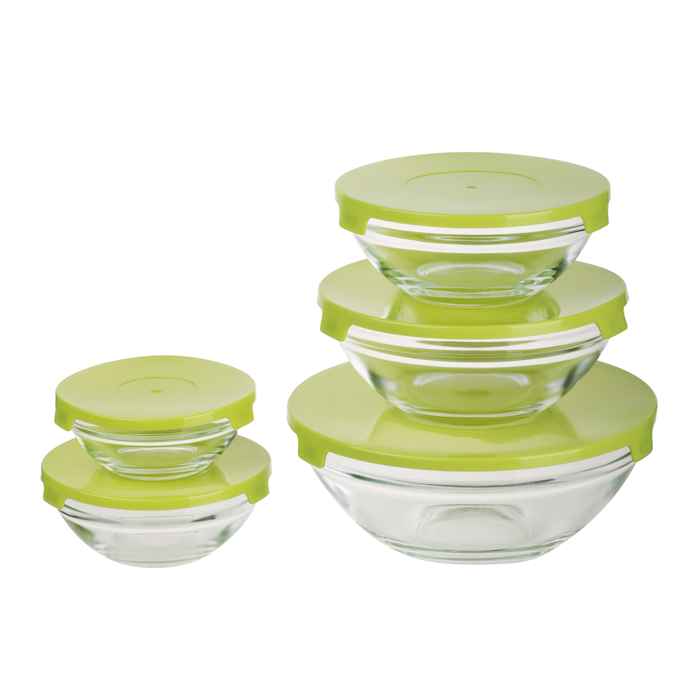 MILLIMI Набор салатников с крышкой 5 шт: 900/ 500/350/200/130 мл, стекло, пластик, оливковый, арт.№ 878-608