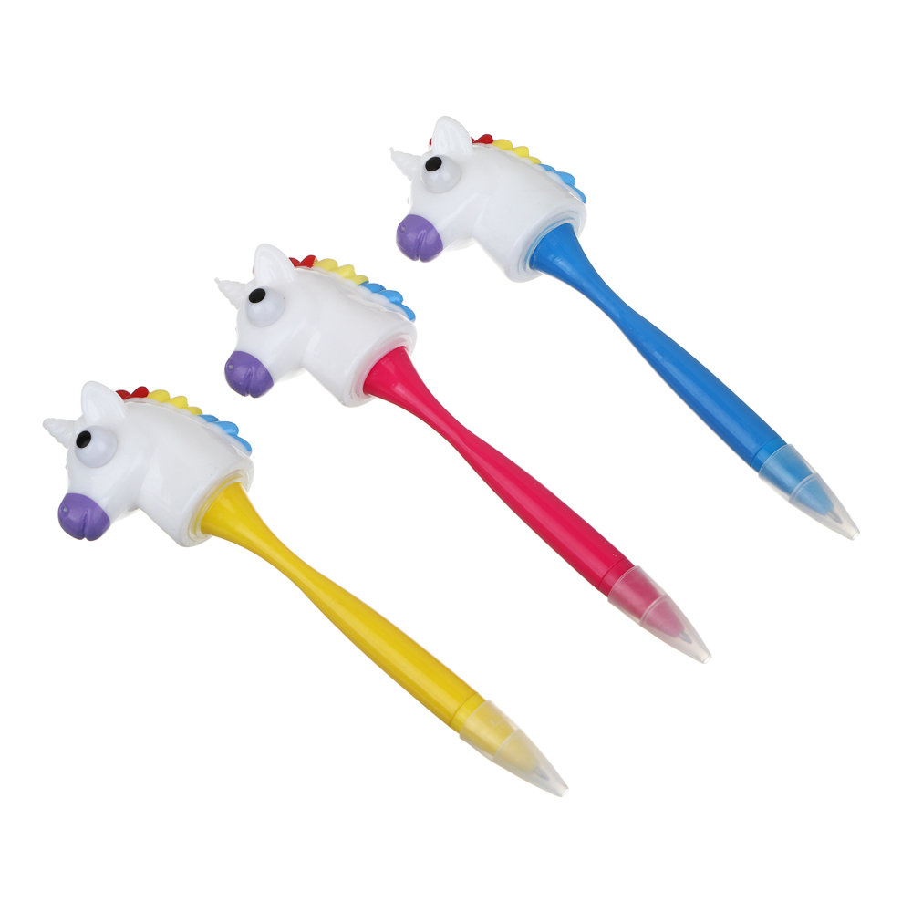 Ручка-антистресс шариковая синяя, наконечник в форме единорога-лупоглазика, 17,5 см пластик, 3 цв., арт.№ 591-031