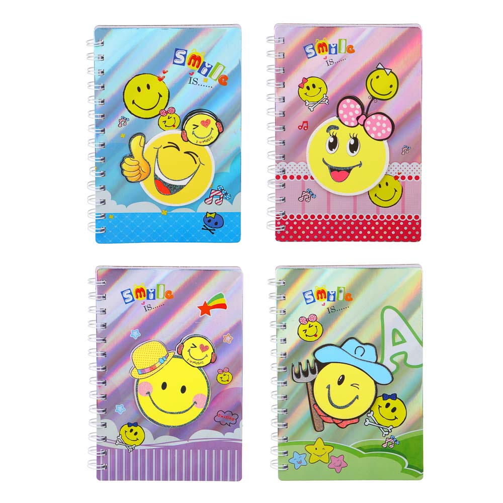 Записная книжка 19х12,7см, 60 листов, "Смайлики", тв. металлизир. обл., спираль, аппликация, 4 диз., арт.№ 557-060
