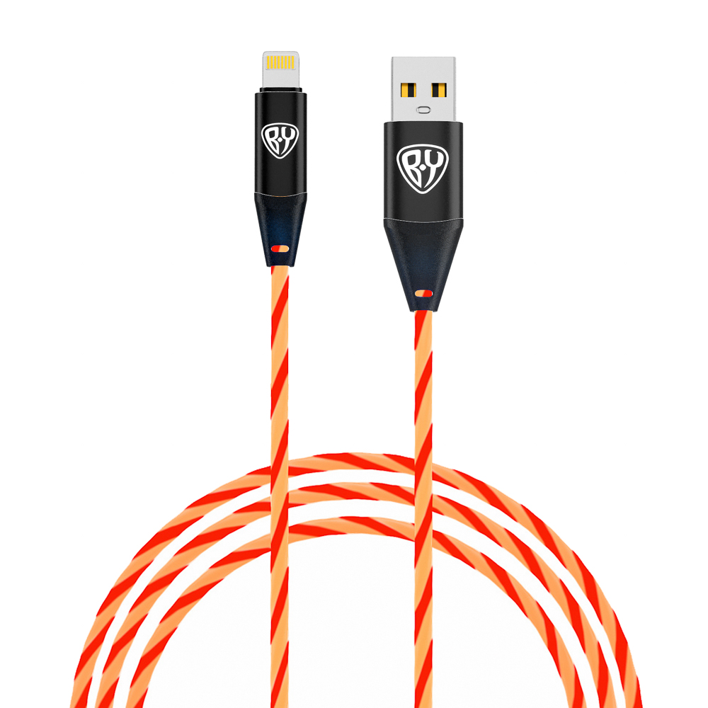 Рыжий Кабель для зарядки Светящийся iP, 1м, 2.4А, Быстрая зарядка, LED подсветка оранжевая, арт.№ 931-112