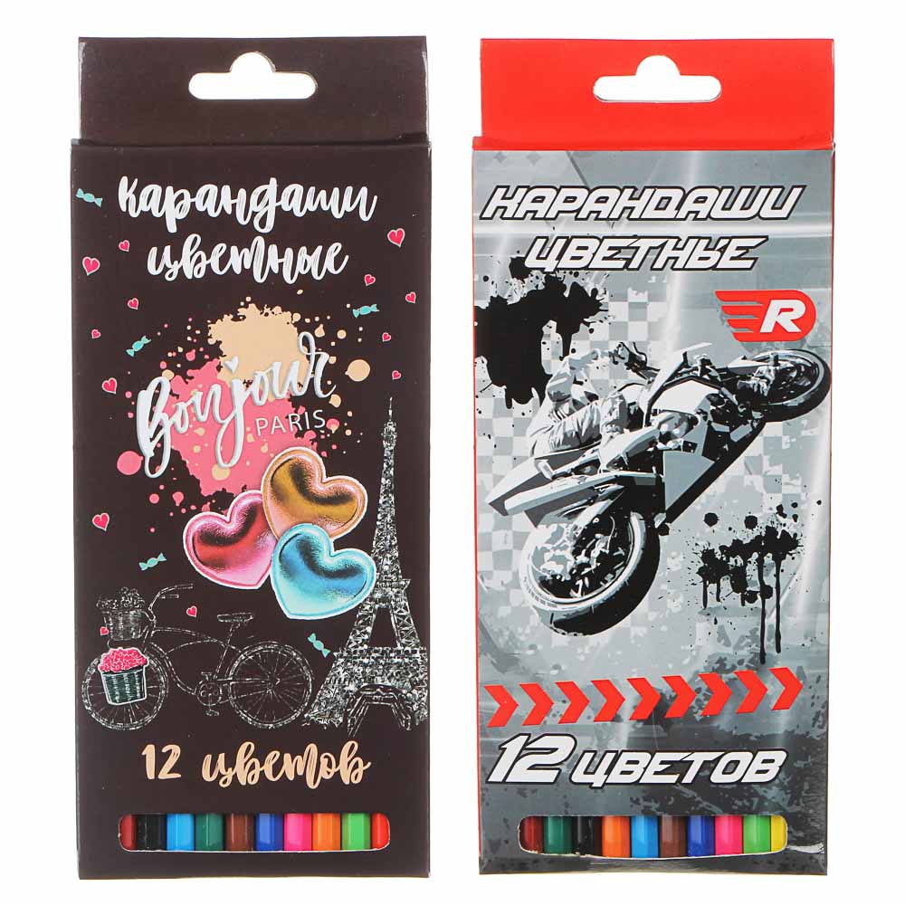 Френч Новел / Спорт Эффект Карандаши цветные, 12 цветов, шестигранные заточенные, дерево, в карт.кор, арт.№ 228-163