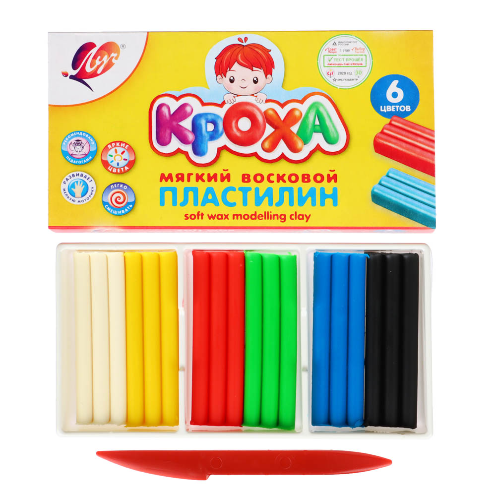 ЛУЧ Пластилин "Кроха", восковой, 6 цветов, 90 грамм, со стеком, в картонной коробке, 12С 863-08, арт.№ 239-059
