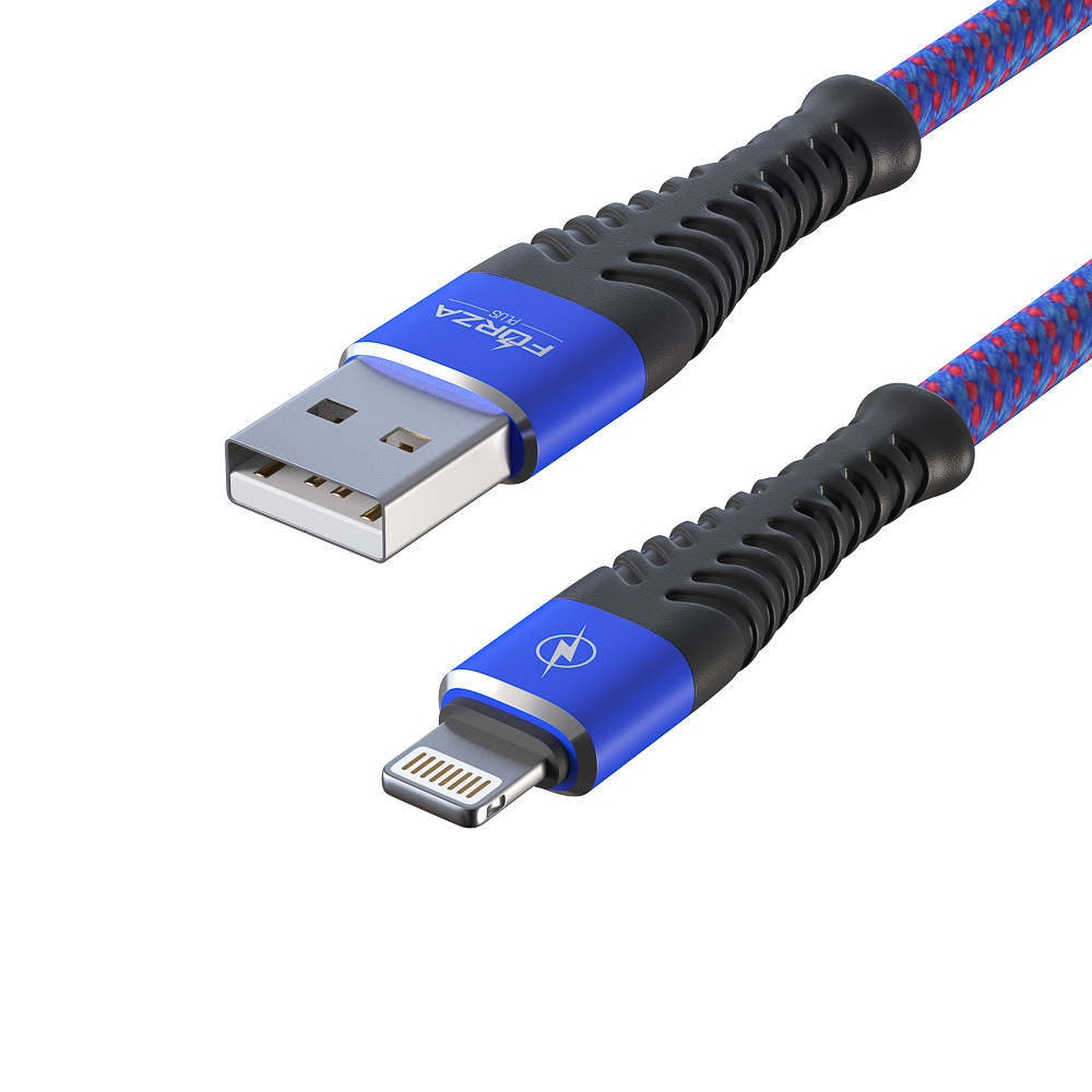 Кабель для зарядки USB(A)-iP FORZA Венеция, 1м, 2А, тканевая оплётка, 3 цвета, пакет, арт.№ 916-228