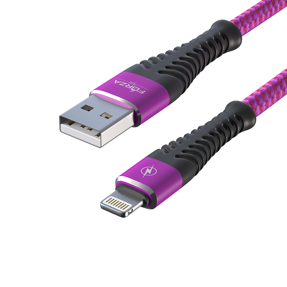 Кабель для зарядки USB(A)-iP FORZA Венеция, 1м, 2А, тканевая оплётка, 3 цвета, пакет, арт.№ 916-228
