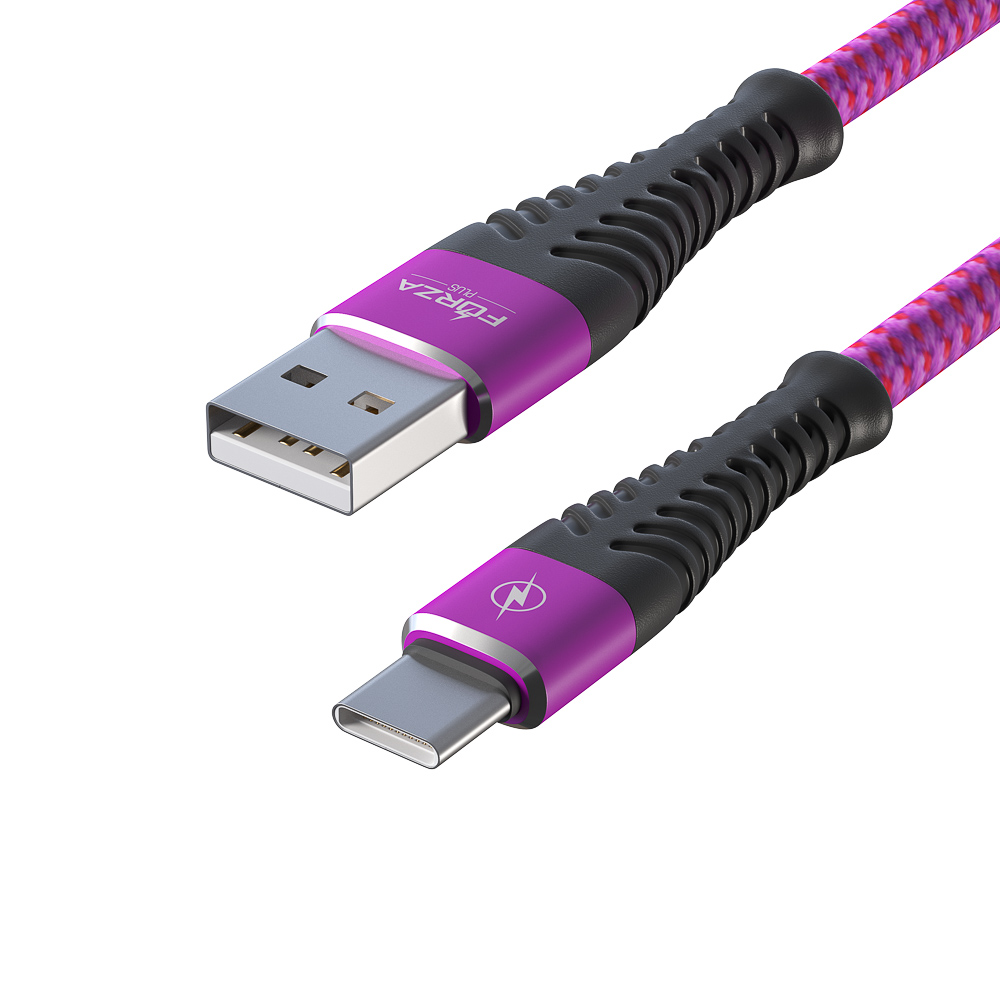 Кабель для зарядки USB(A)-Type C FORZA Венеция, 1м, 2А, тканевая оплётка, 3 цвета, пакет, арт.№ 916-229