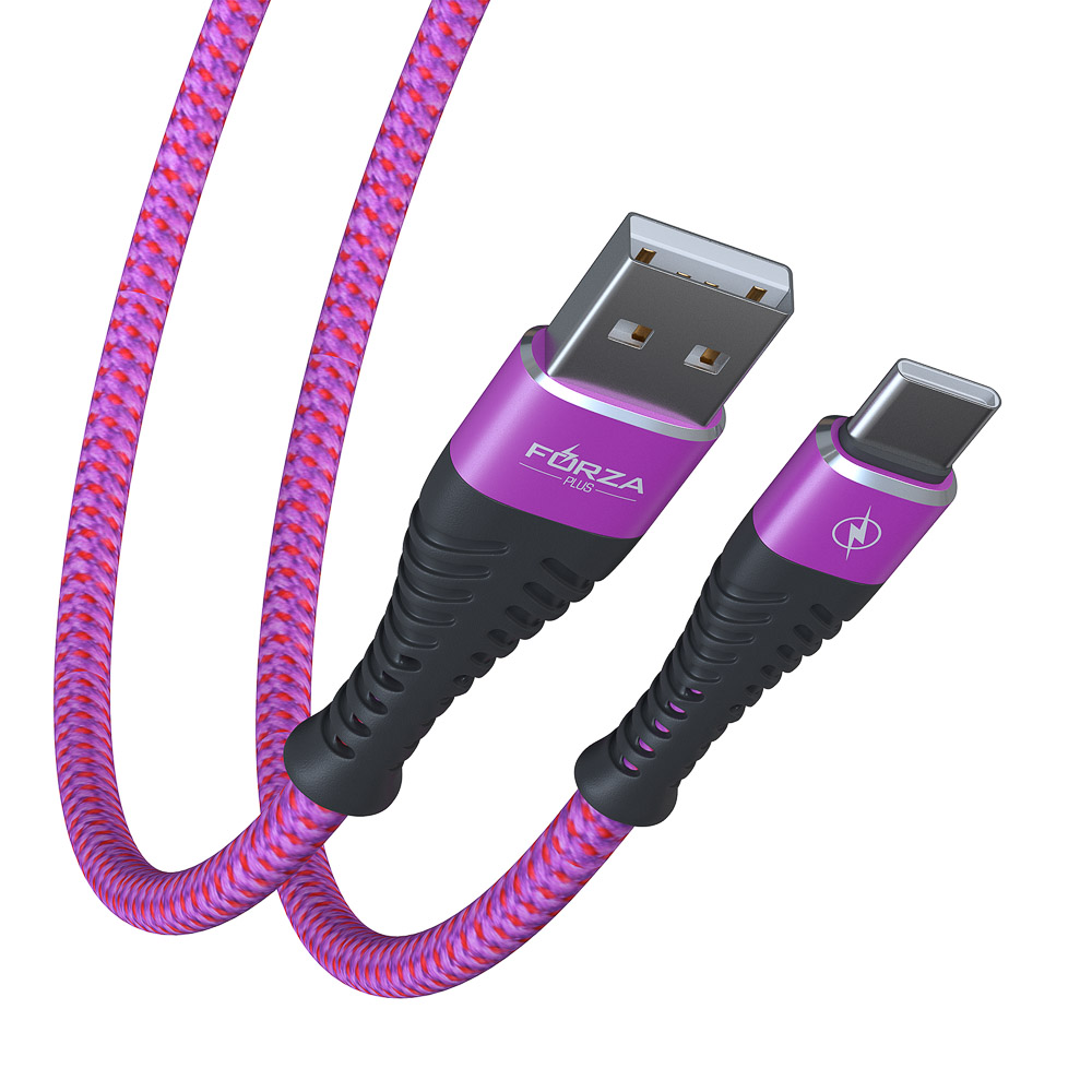Кабель для зарядки USB(A)-Type C FORZA Венеция, 1м, 2А, тканевая оплётка, 3 цвета, пакет, арт.№ 916-229