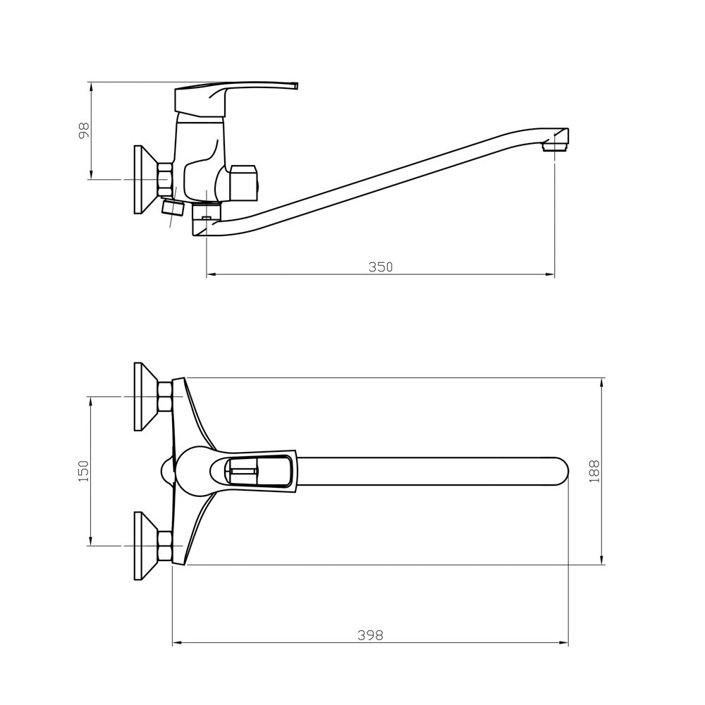 RAIN Смеситель для ванны Атриа, плоский излив 40см, душ. набор, картридж 40мм, латунь, хром, арт.№ 561-278