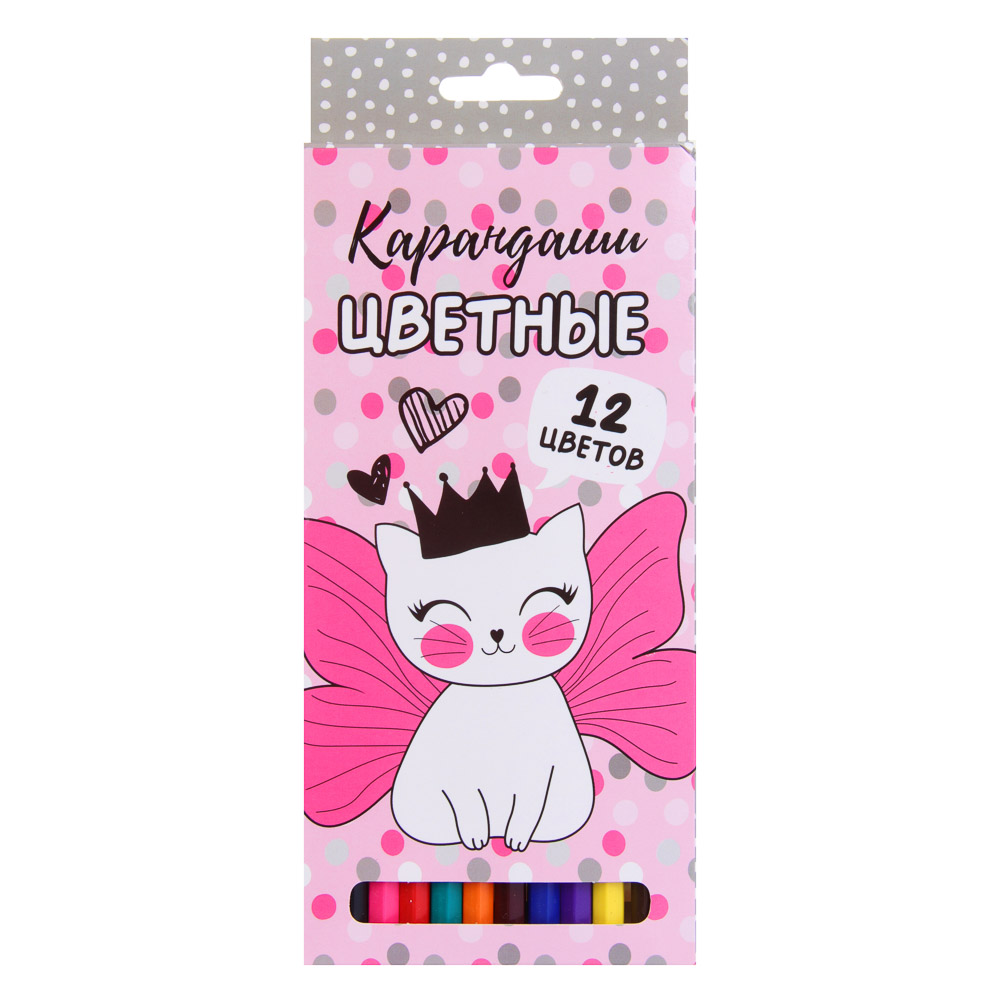 Котик с Крыльями Карандаши 12 цветов шестигранные заточенные, улучшенное письмо, пластик, в карт.кор, арт.№ 228-009