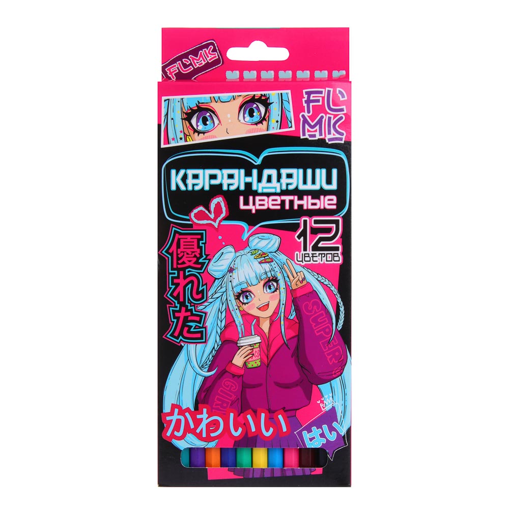 Аниме Карандаши 12 цветов шестигранные заточенные, улучшенное письмо, пластик, в карт.коробке, арт.№ 228-010