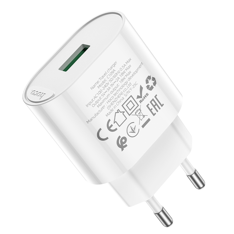 Сетевое зарядное устройство hoco. модель C109A, USB-A QC 20W, цвет: белый, арт.№ 916-280