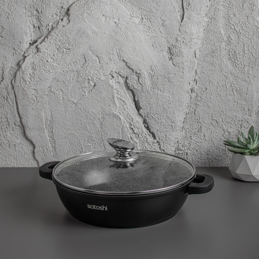 Сотейник с крышкой 3,8 л d 28х7,5 см SATOSHI Лион, антипригарное покрытие мрамор, силик.протекторы ручек, индукция, арт.№ 846-413