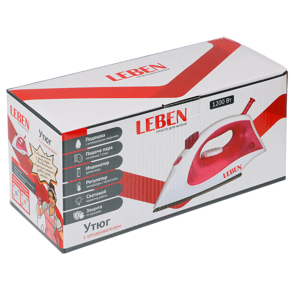 LEBEN Утюг с отпаривателем 1200 Вт, подошва - антипригарное покрытие, прозрачный корпус, арт.№ 249-006