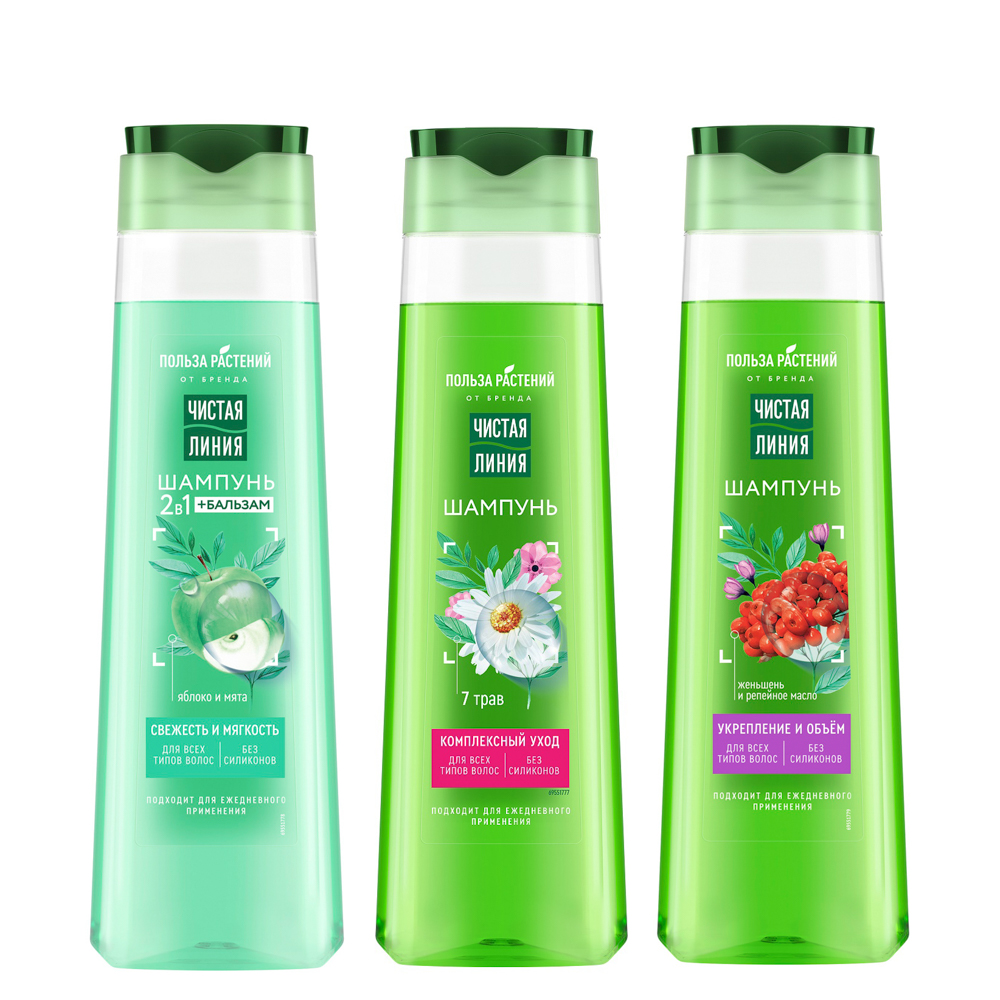 Шампунь для волос ЧИСТАЯ ЛИНИЯ 3 вида, п/б, 385мл, арт.№ 974-004