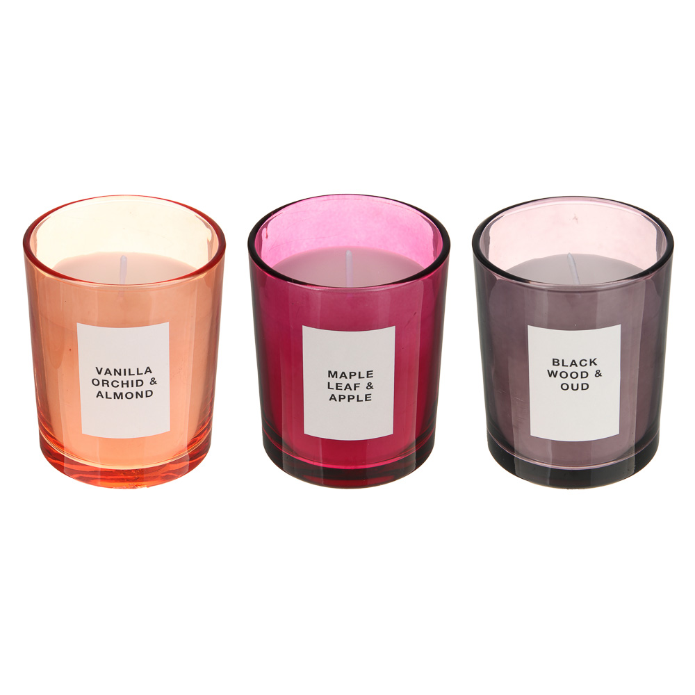 LADECOR Свеча ароматическая в стеклянном корпусе, 135 г, 7х7х8,4 см, 3 аромата, арт.№ 508-001