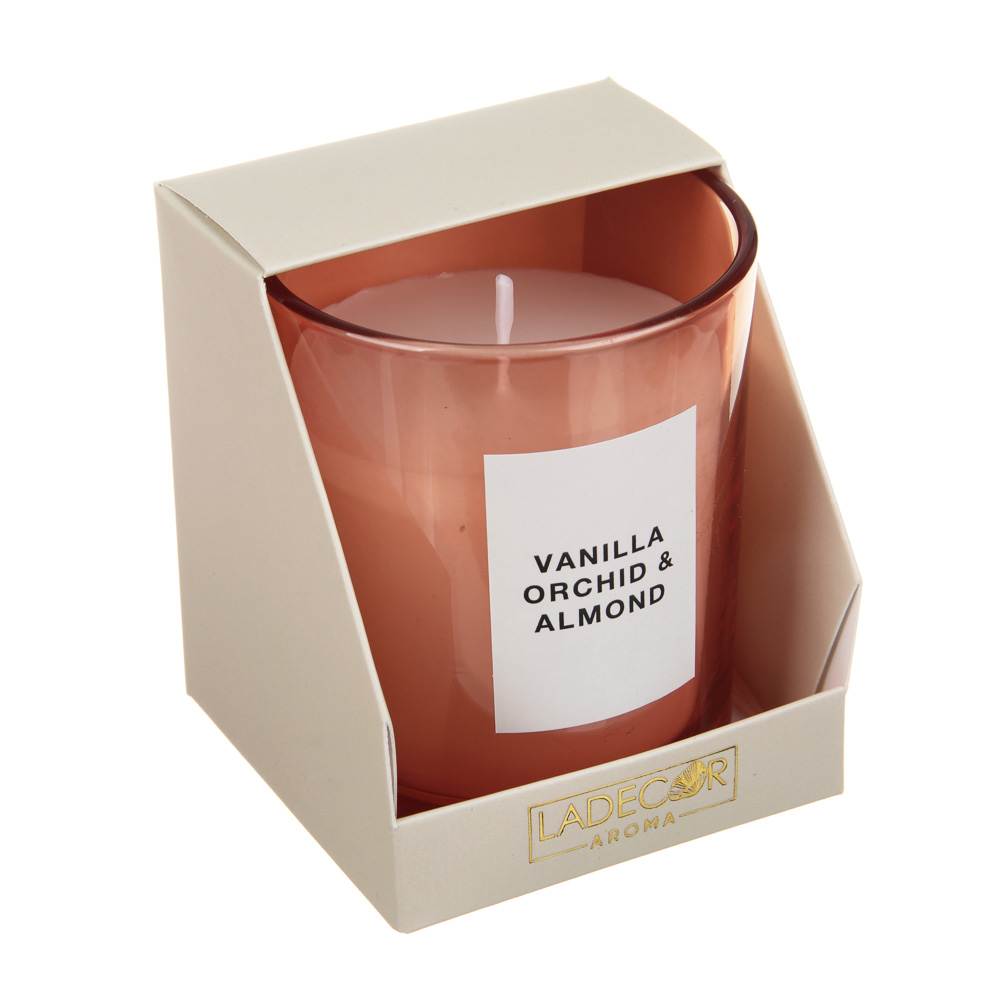 LADECOR Свеча ароматическая в стеклянном корпусе, 135 г, 7х7х8,4 см, 3 аромата, арт.№ 508-001