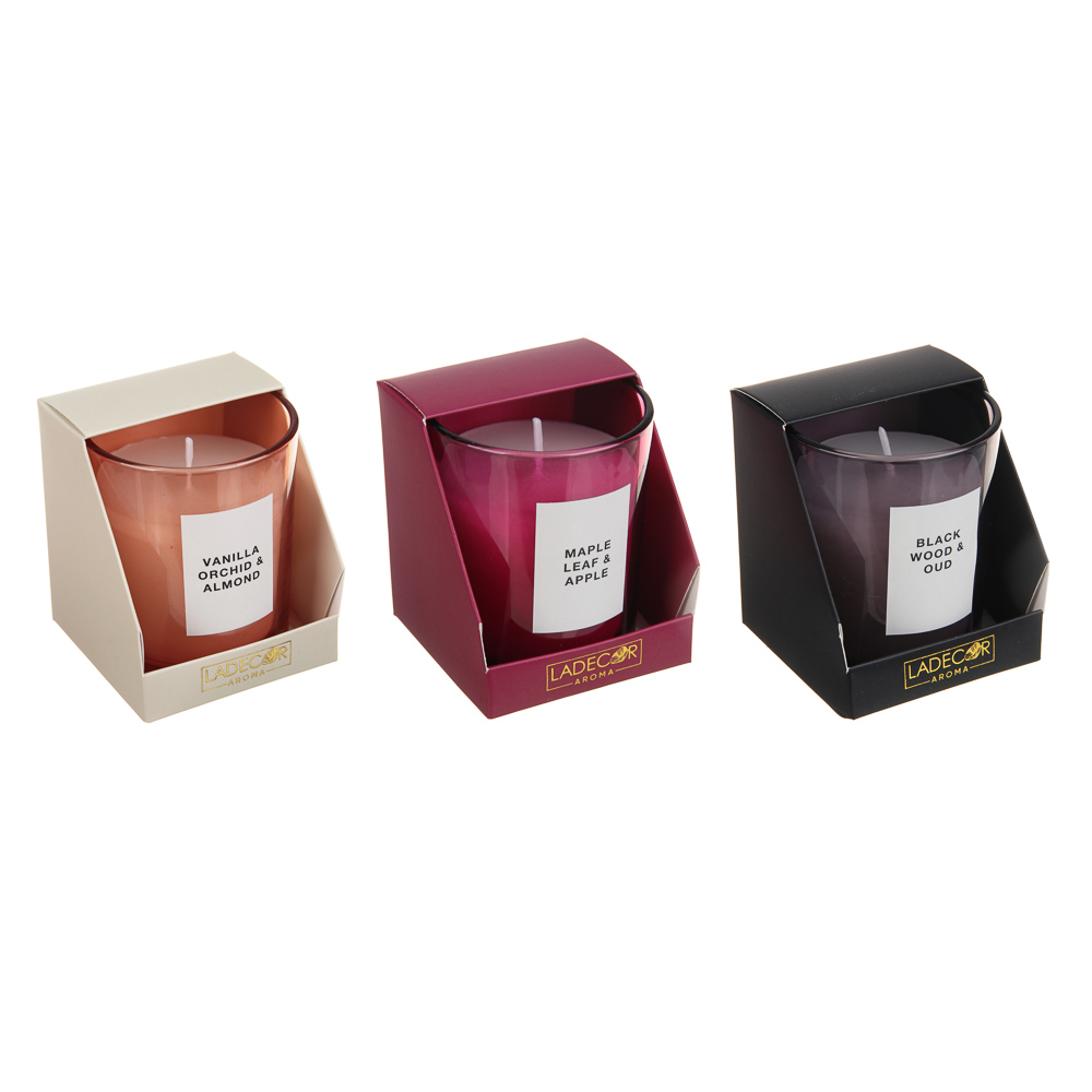LADECOR Свеча ароматическая в стеклянном корпусе, 135 г, 7х7х8,4 см, 3 аромата, арт.№ 508-001