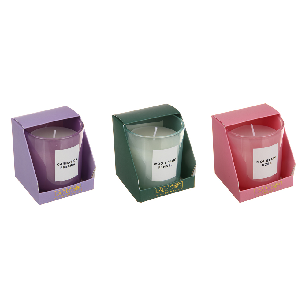 LADECOR Свеча ароматическая в стеклянном корпусе, 130 г, 7х7х8 см, 3 аромата, арт.№ 508-002