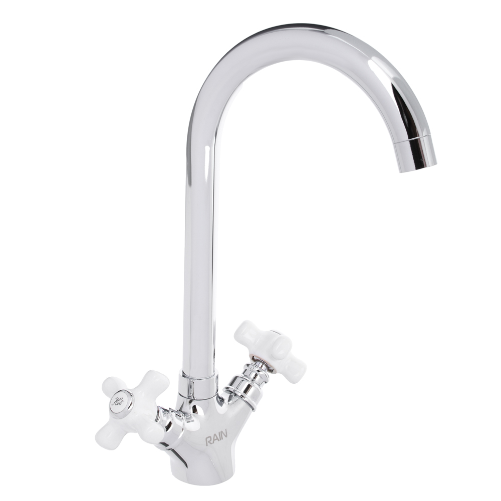 RAIN Смеситель для кухни Венера, высокий излив, керам. кран-буксы 1/2, латунь, хром, ручки керамика, арт.№ 561-286