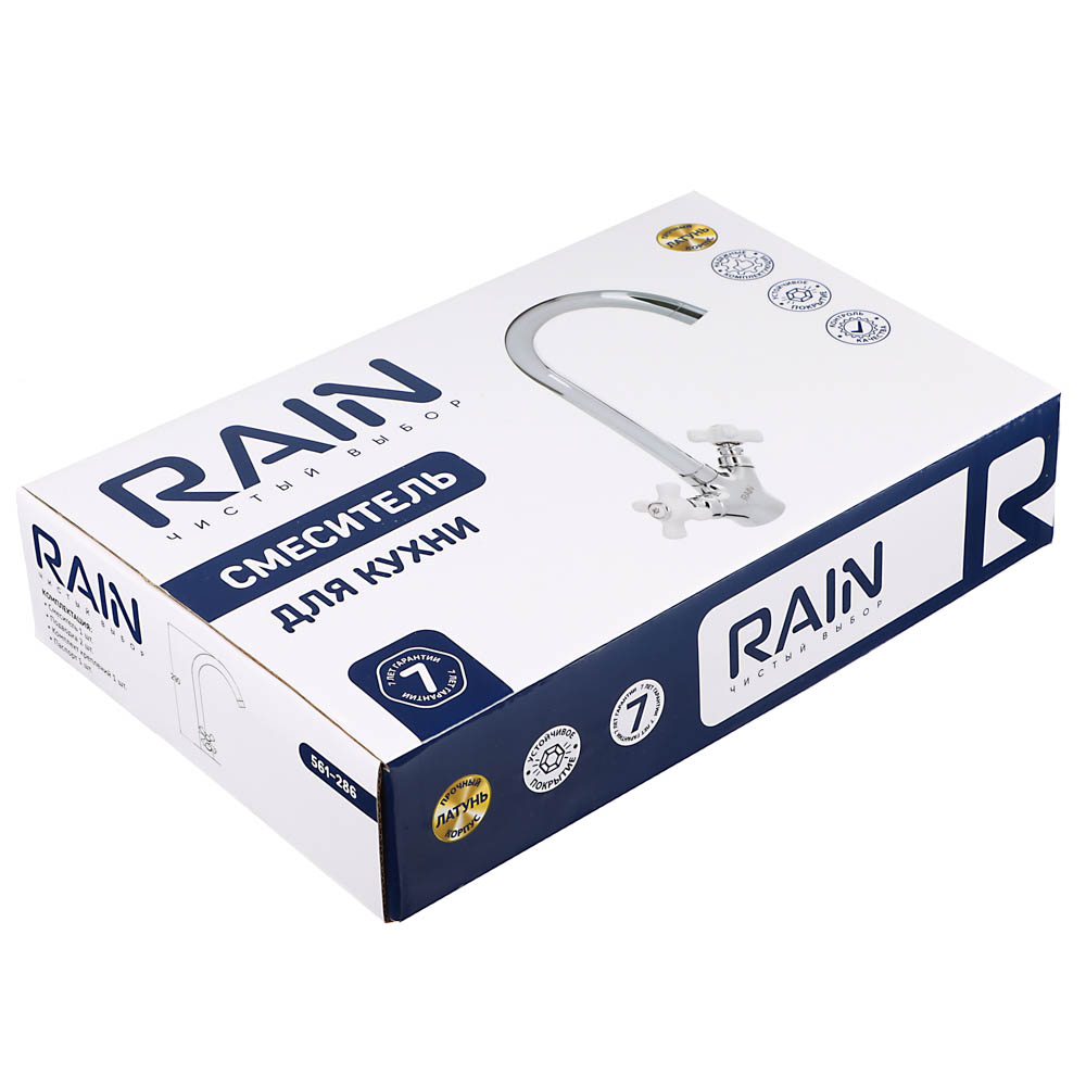 RAIN Смеситель для кухни Венера, высокий излив, керам. кран-буксы 1/2, латунь, хром, ручки керамика, арт.№ 561-286