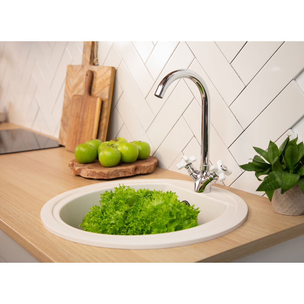 RAIN Смеситель для кухни Венера, высокий излив, керам. кран-буксы 1/2, латунь, хром, ручки керамика, арт.№ 561-286