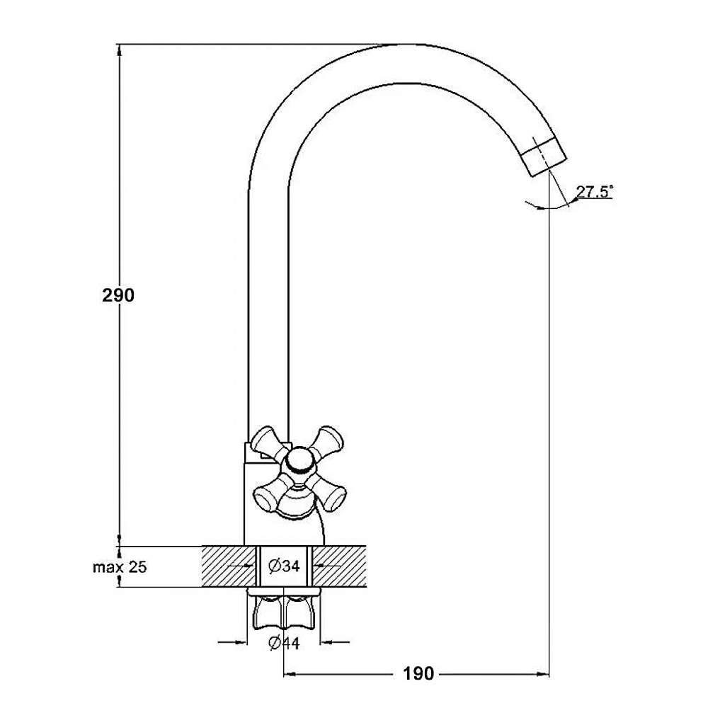 RAIN Смеситель для кухни Венера, высокий излив, керам. кран-буксы 1/2, латунь, хром, ручки керамика, арт.№ 561-286