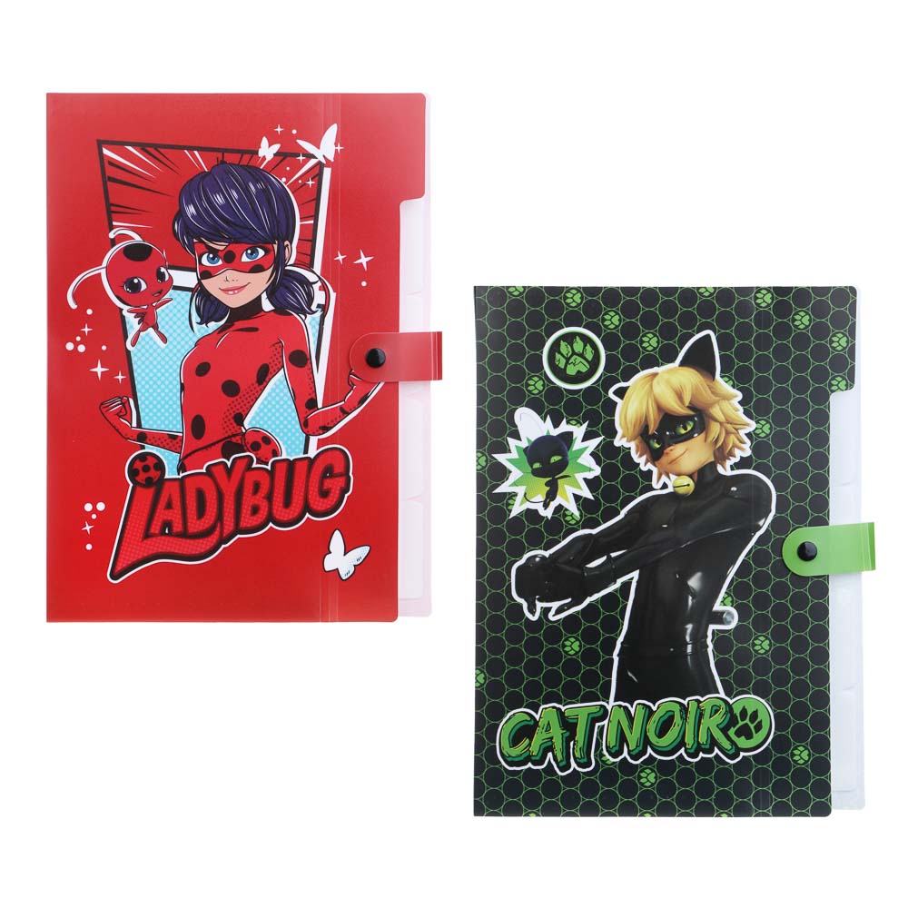 Ледибаг/Супер-Кот Папка для тетрадей 32,5x24см, для A4, 5отд., расшир., кнопка, пластик, "Кор", 2диз, арт.№ 811-023