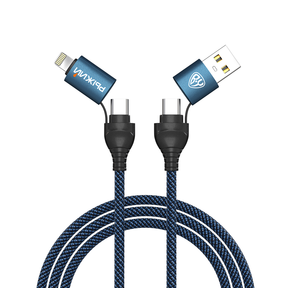 BY Рыжий Кабель для зарядки Diverse 4в1 USB/iP/microUSB/Type-C, 1м,  3А, PD 65W, тканевый, черный, арт.№ 931-526