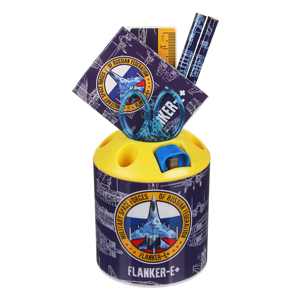 Фланкер Набор канц.в стакане, 8 предметов: линейка,2 карандаша, точилка, ластик, ножницы, блокнот, арт.№ 234-027