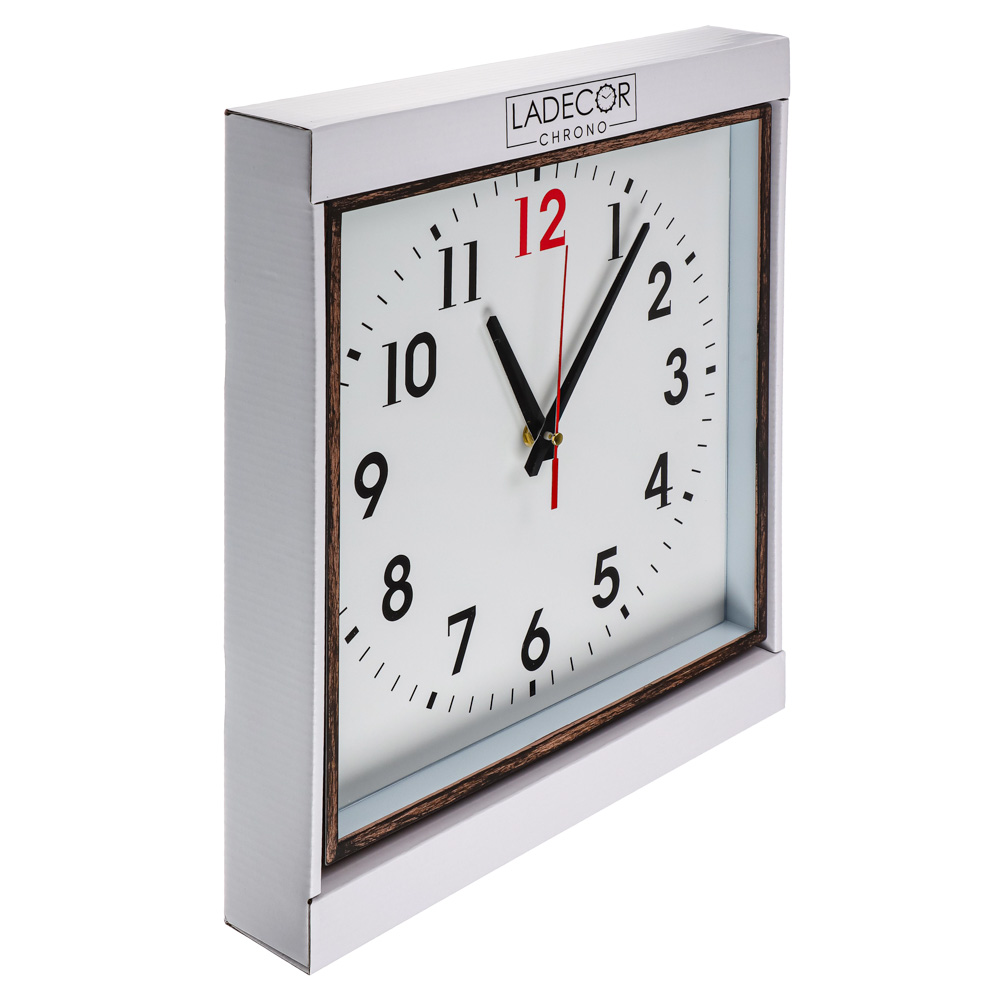LADECOR CHRONO Часы настенные квадратные, пластик, стекло, 28 см, деревянная отделка, 2 дизайна, арт.№ 581-133