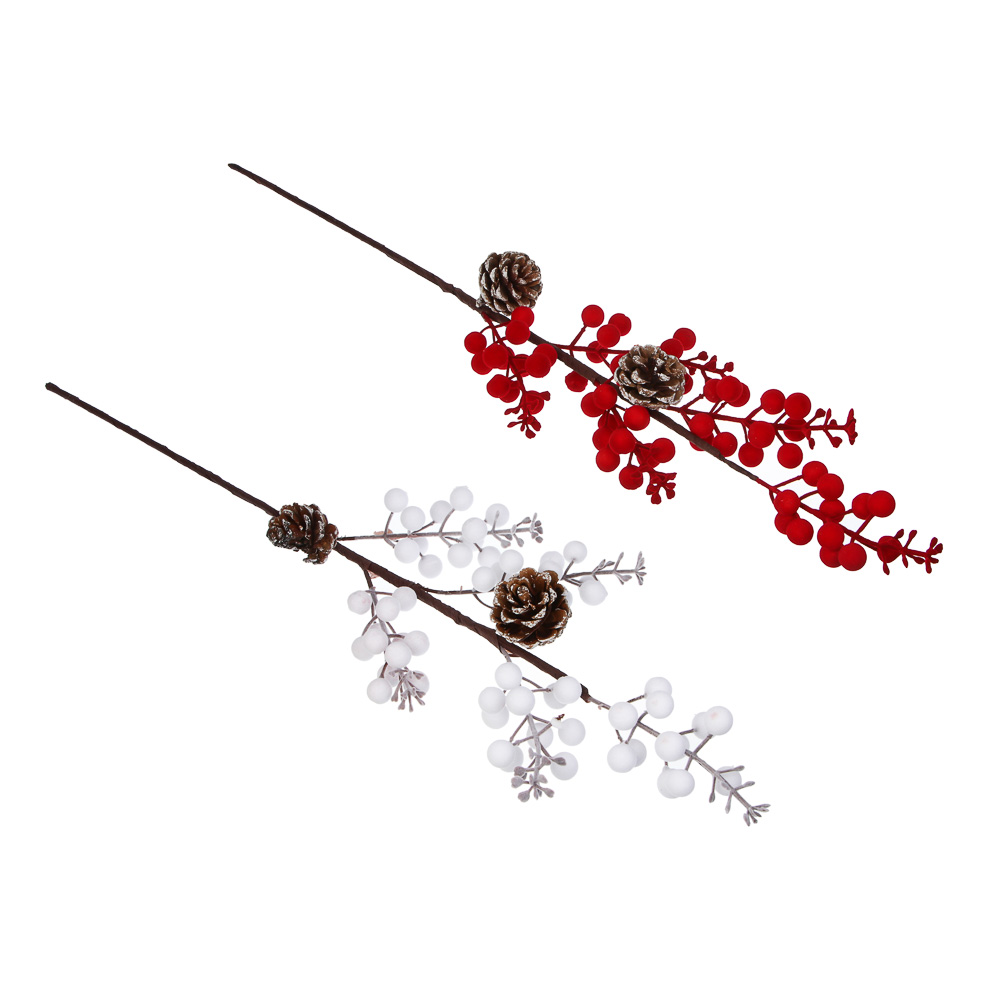 СНОУ БУМ Ветка с ягодами и шишками флокированная 61 см, металл, пластик, 2 цвета, арт.№ 353-510