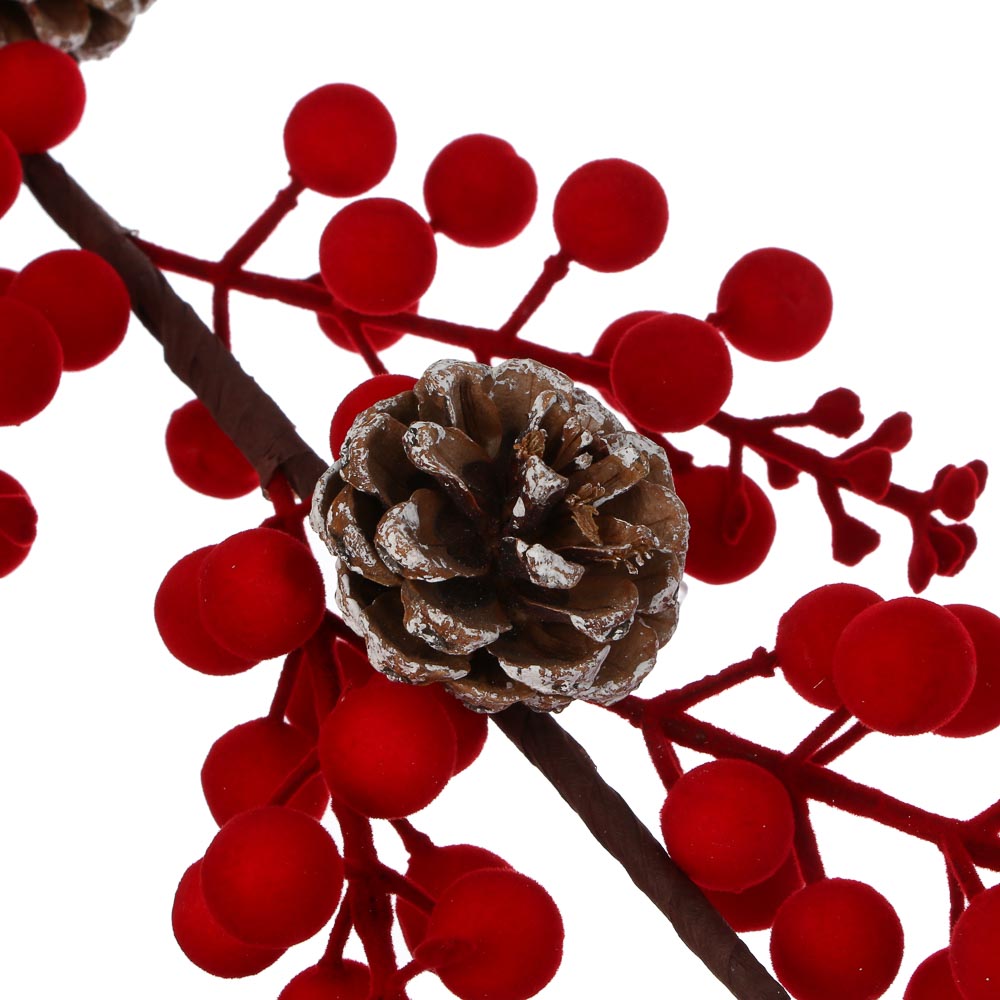 СНОУ БУМ Ветка с ягодами и шишками флокированная 61 см, металл, пластик, 2 цвета, арт.№ 353-510