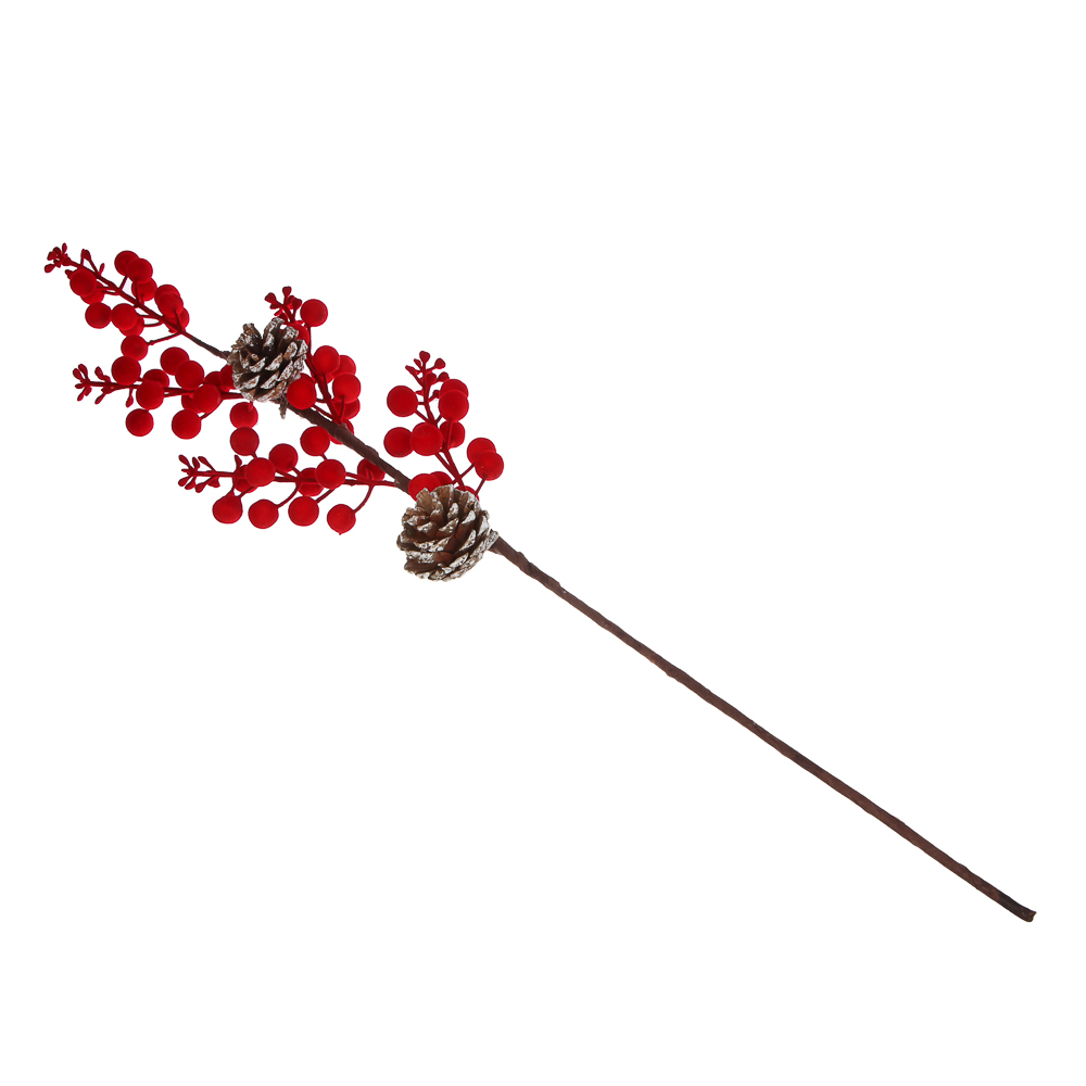 СНОУ БУМ Ветка с ягодами и шишками флокированная 61 см, металл, пластик, 2 цвета, арт.№ 353-510