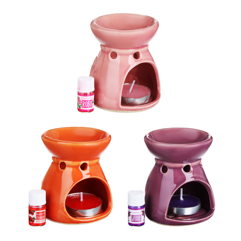 LADECOR Ароманабор (лампа+масло+свеча) керамика, 12х10х6,7 см, 3 вида, арт.№ 412-003