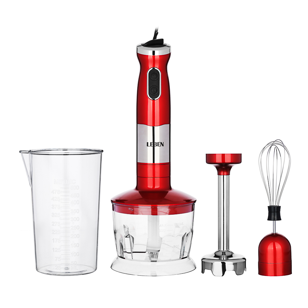 LEBEN Блендер электрический 800Вт, стакан, чоппер, венчик, регулировка скорости, красный, арт.№ 269-029