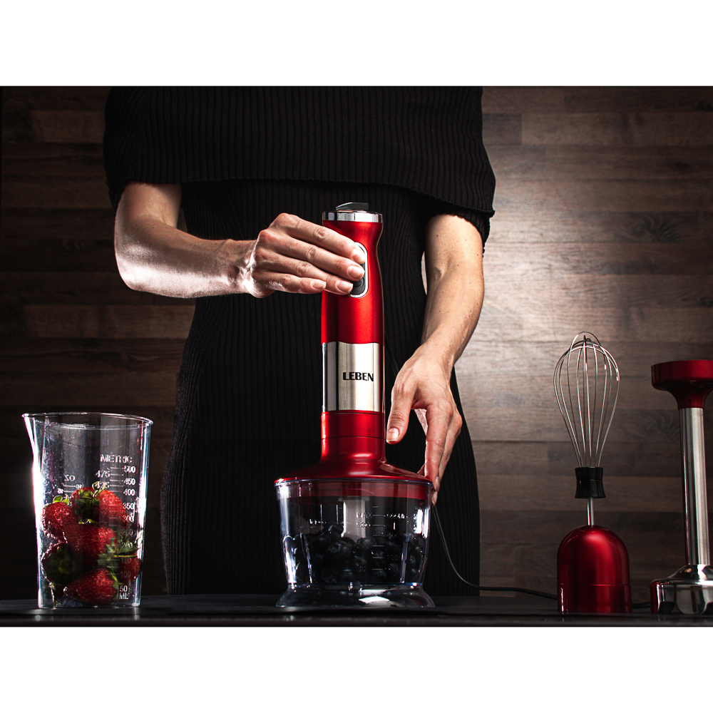 LEBEN Блендер электрический 800Вт, стакан, чоппер, венчик, регулировка скорости, красный, арт.№ 269-029