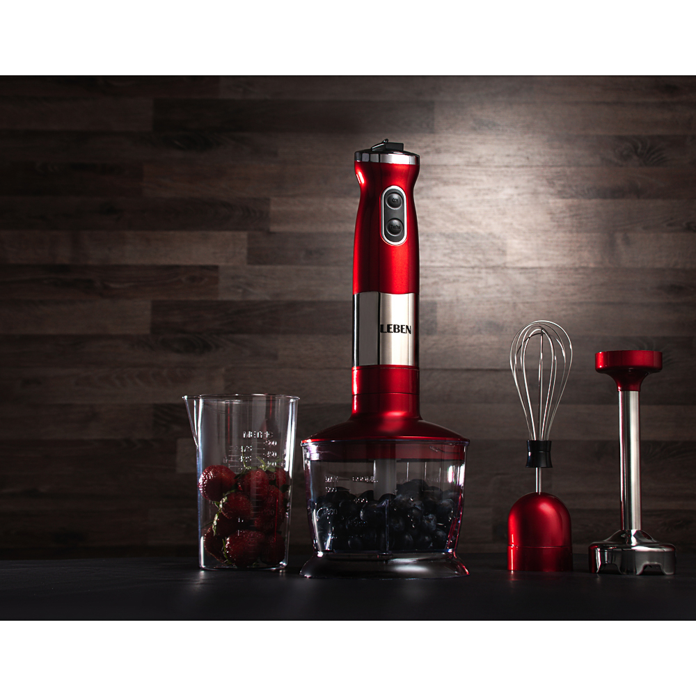 LEBEN Блендер электрический 800Вт, стакан, чоппер, венчик, регулировка скорости, красный, арт.№ 269-029