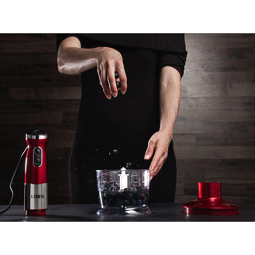 LEBEN Блендер электрический 800Вт, стакан, чоппер, венчик, регулировка скорости, красный, арт.№ 269-029