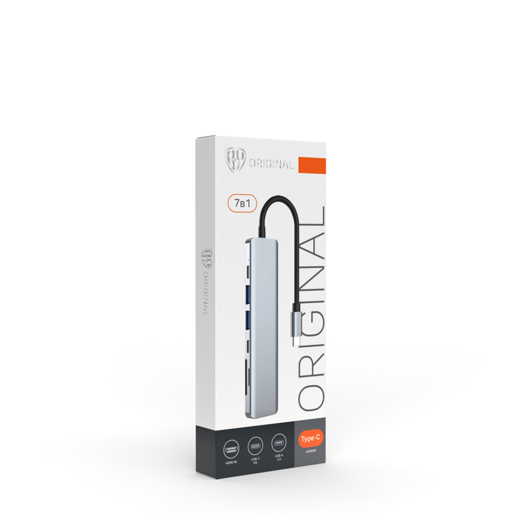 USB-концентратор 7в1 BY, USB-C INPUT 65 W, HDMI 4K, USB-A 3.0, USB-A 2.0, USB-C, MICRO-SD, SD, арт.№ 405-034