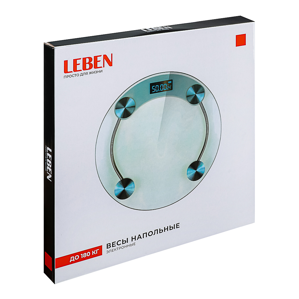 LEBEN Весы напольные электронные круглые, ЖК-дисплей, макс. нагр.до 180кг, стекло, d33см, арт.№ 487-020