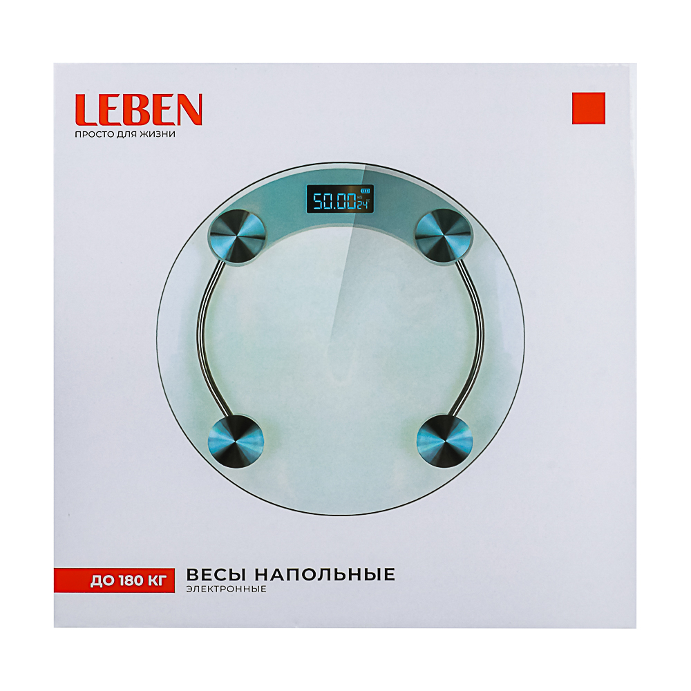 LEBEN Весы напольные электронные круглые, ЖК-дисплей, макс. нагр.до 180кг, стекло, d33см, арт.№ 487-020