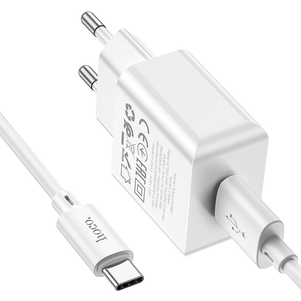 Сетевое зарядное устройство с кабелем hoco. модель C106A, USB-A 10.5Вт, каб Type-C 1м, цвет: белый, арт.№ 916-317
