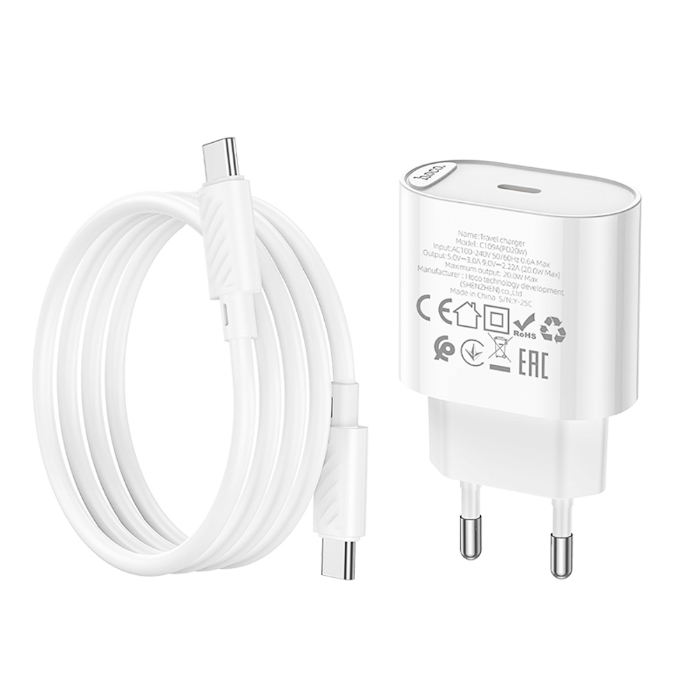 Сетевое зарядное устройство с кабелем hoco. модель C109A, USB-С 20Вт PD, каб C-C 1м, белый, арт.№ 916-318