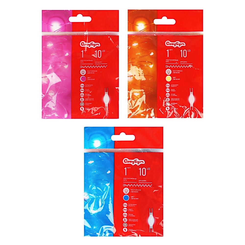 Гирлянда уличная нить росы 1 м СНОУ БУМ, 10 LED ламп, мятное свечение, фиолетовое свечение, свечение шампань, 2xCR2033, арт.№ 351-692