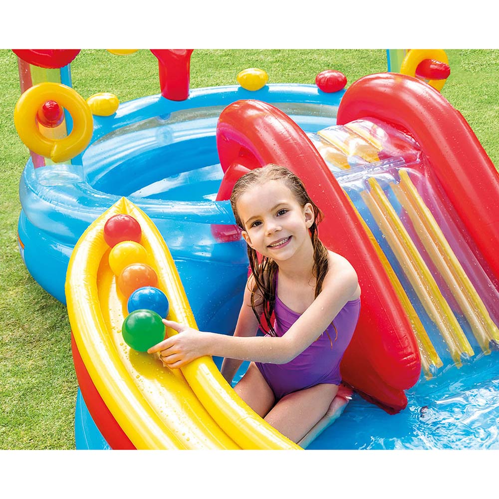 INTEX Игровой центр "Радуга" с горкой, игрушками, фонтаном,заплатка,от 2 лет, 297x193x135см, 57453NP, арт.№ 359-302