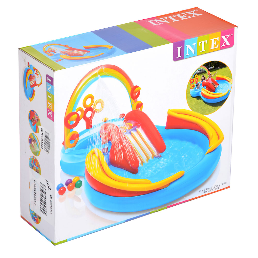 INTEX Игровой центр "Радуга" с горкой, игрушками, фонтаном,заплатка,от 2 лет, 297x193x135см, 57453NP, арт.№ 359-302