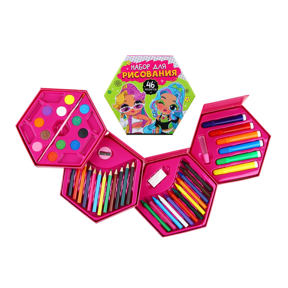 ХОББИХИТ Набор для рисования 46 пр., картон, пластик, дер., 16,5х18,5х9см, 2 дизайна, арт.№ 284-239