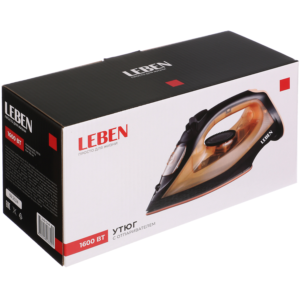 LEBEN Утюг с отпаривателем, 1600 Вт, подошва - керамическое покрытие, бак 150 мл, арт.№ 249-048