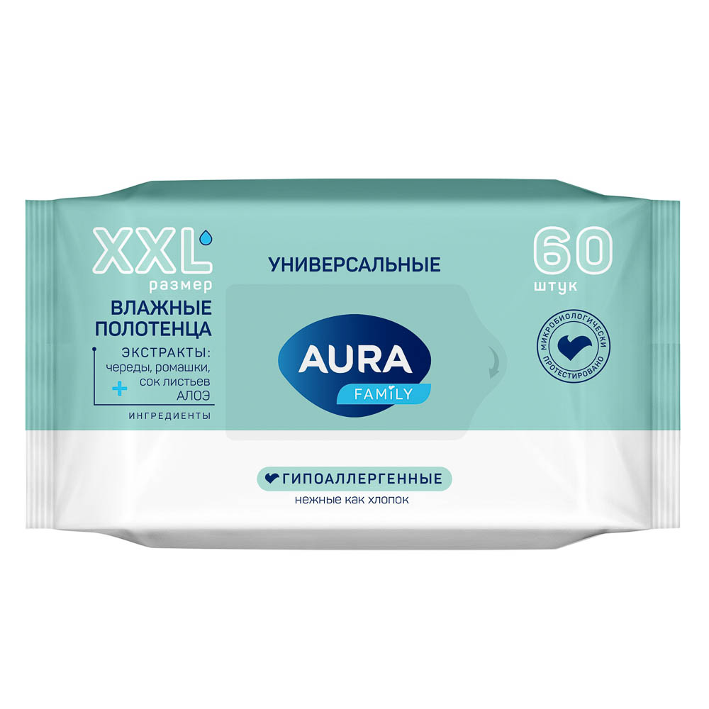 Влажные полотенца универсальные AURA Family, 60шт, арт.№ 915-007